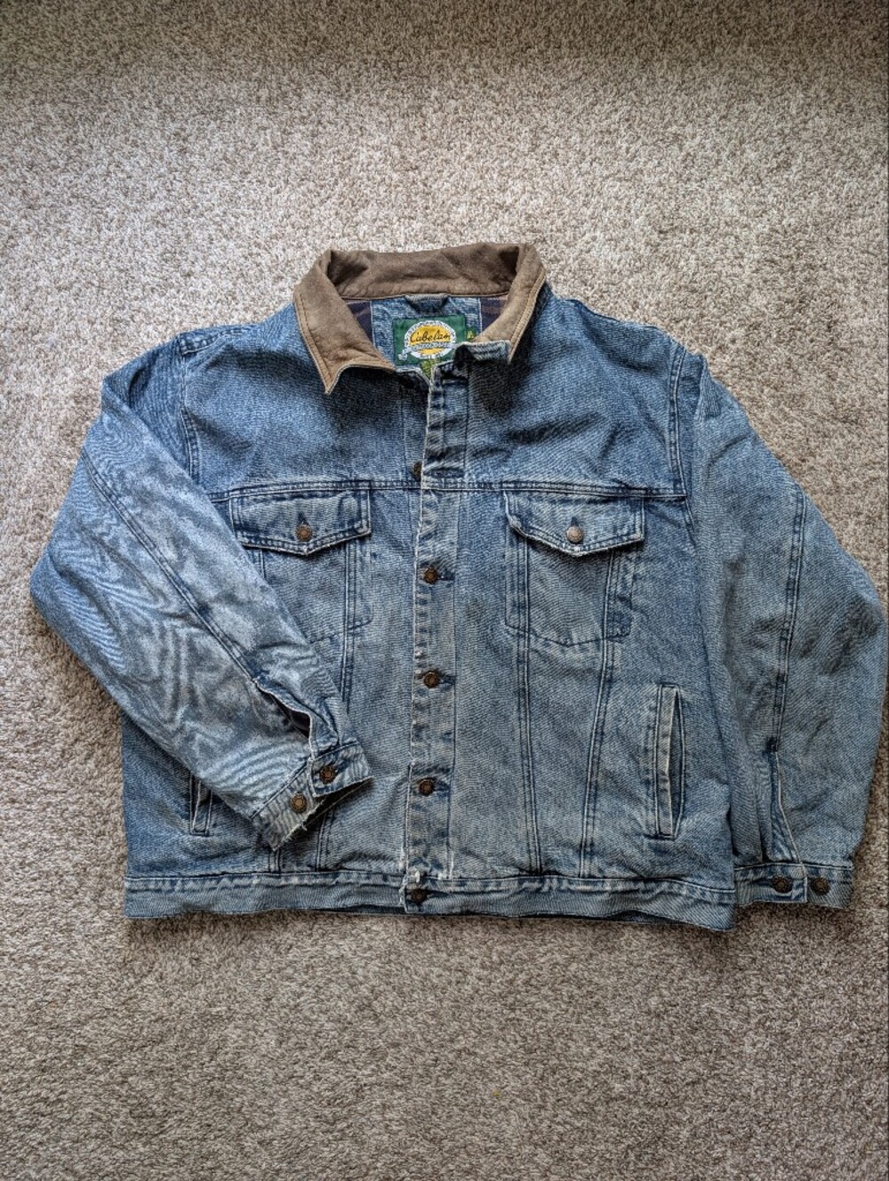 Vtg Cabela's Denim Trucker Jacket with Brown Corduroy Collar Flannel Lining XL